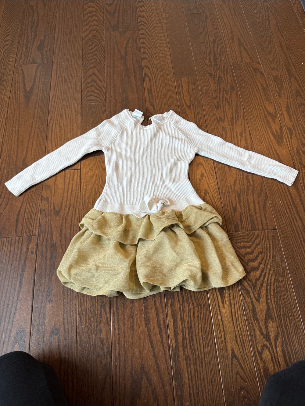 NYE or Holiday Party Cream Knit Top with Gold Bubble Skirt Dress for Toddler